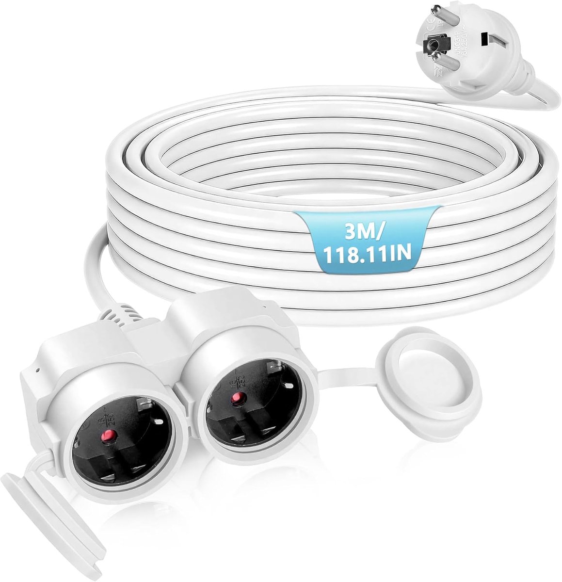 Stopcontacten en stofdeksels, waterdicht buitenstopcontact, verlenging met binnen- en buitenstopcontact, maximaal vermogen 3500 W, 16 A 250 V, IP44,3 m, wit