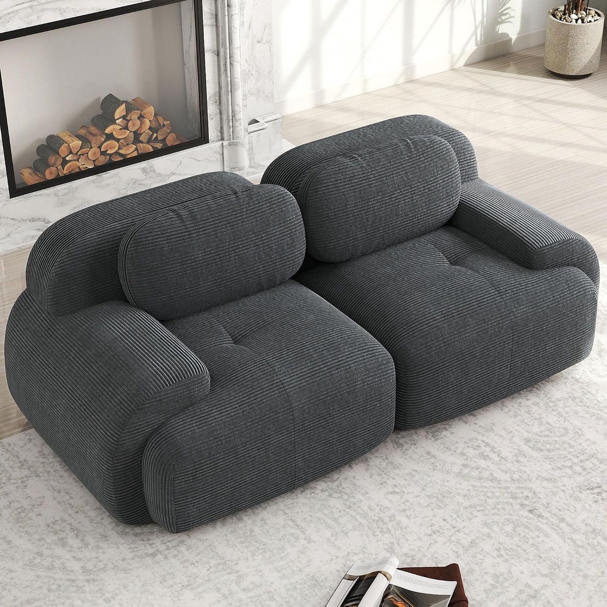 2-zits modulaire loveseat bank, corduroy, frameloze bank met 32D koudschuim, gebogen armleuningen en antislip onderkant, comfortabele bank voor woonkamer, slaapkamer, thuisbioscoop