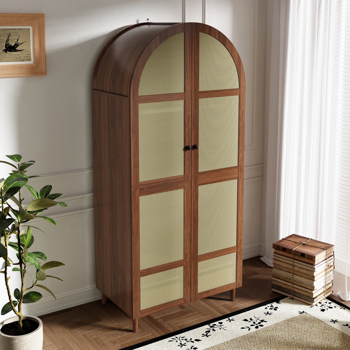 HAUSS SPOLE Kledingkast - Gebogen Deuren Met Rotan - Kledingstang En Laden Voor Slaapkamer En Hal - MDF En Spaanplaat - 80x50x179 Cm - Walnoot