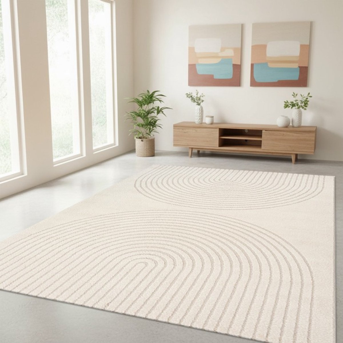 TapisTrend Designer tapijt Crème 80x150 cm Modern vloerkleed met dubbele concentrische bogen in reliëf voor woonkamer, slaapkamer en eetkamer Beige