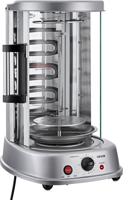 VEVOR Verticale Dönergrill 11,5 L 1500 W Gyrosgrill Kebab Shawarma Zilver voor Kleine Huishoudens, Maximale Temperatuur 190 °C, Timer 0–60 Minuten, Veiligheidsglazen Deur, Lekbak, Draaibare Vork en Spiesjes — afbeelding 2