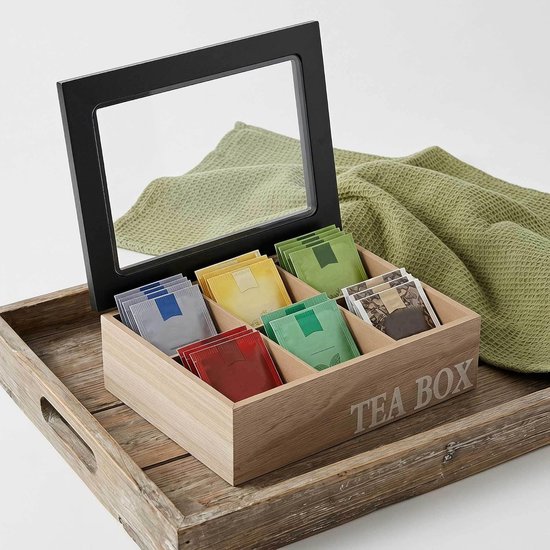 Vintage Houten Theedoos met Vakken Glazen Multifunctionele Theebag Organizer voor Keuken Woonkamer Overzichtelijk Stijlvol Theeblad Opslag — afbeelding 2