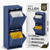 VEEHAUS Prullenbak Afvalscheiding 30 Liter (2x15L), 2 Vakken met Klep, Metaal, Keuken & Kantoor, Denim