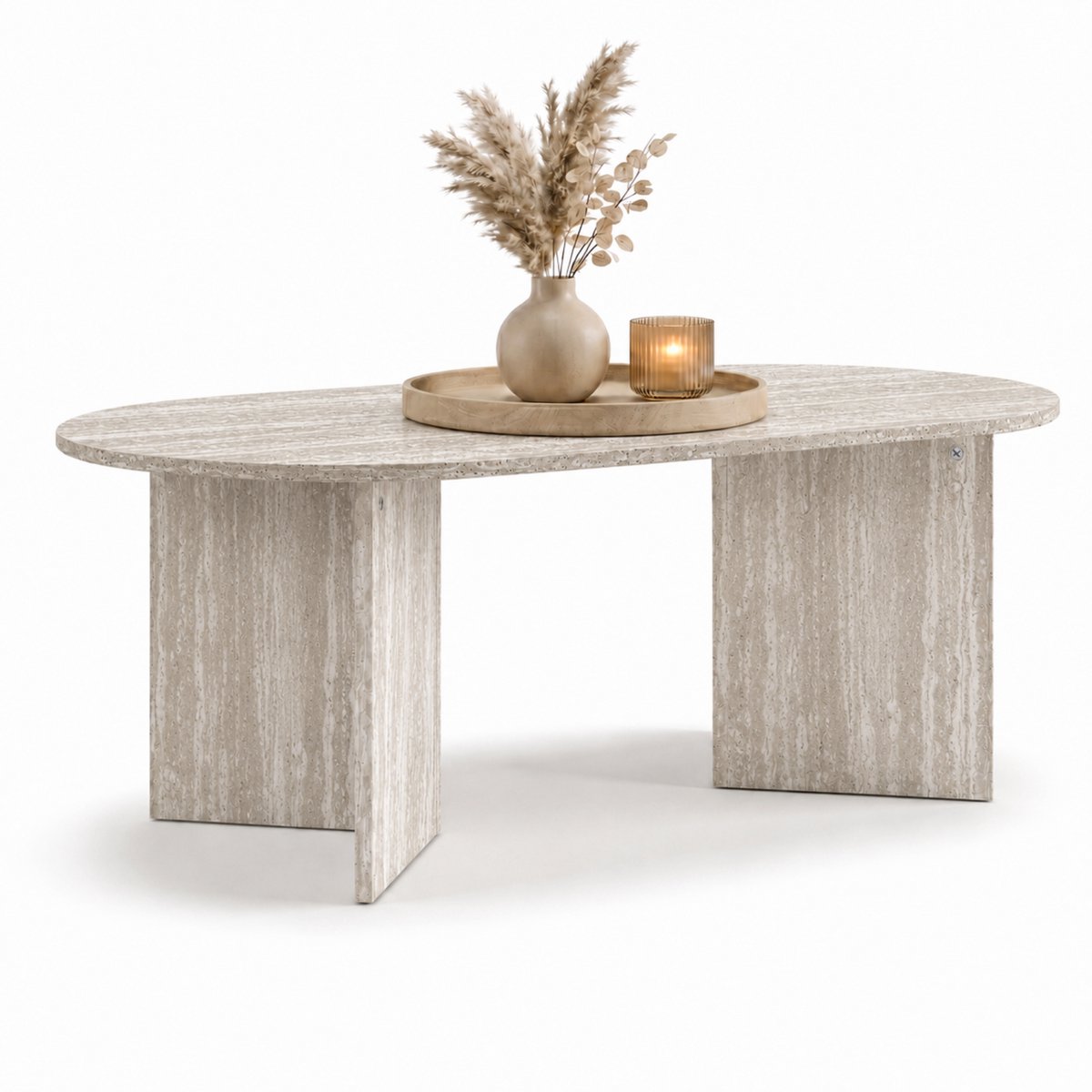 Acaza Salontafel - Luxe Salontafel Ovaal - Travertinlook grijs - 100 x 50 x 37,5 cm (L x B x H) - Hout - Koffietafel - Japandi Salontafel - Salontafel Organisch