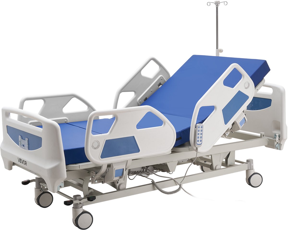 Vevor Elektrisch Ziekenhuisbed, 5-Functie Zorgbed, Trendelenburg- en Anti-Trendelenburg-Positionering, Centrale Vergrendeling, 470-760 mm Seniorenbed voor Thuiszorg, Verpleeghuis en Ziekenhuis Blauw, Wit