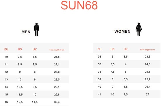 Maattabel SUN68 voor heren en dames met EU, US en UK maten en voetlengte in centimeters.