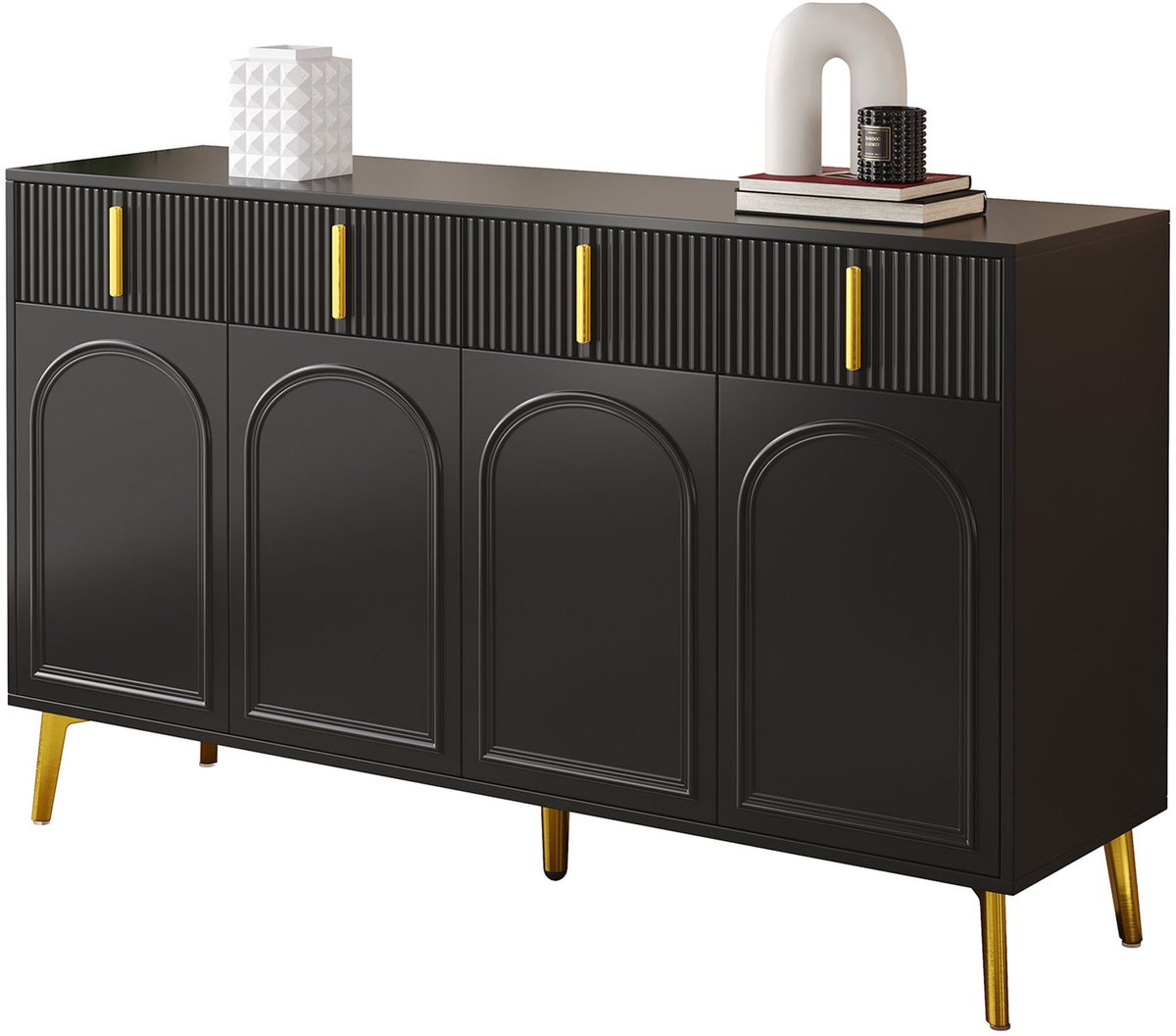 DESMIU Dressoir - Vier Deuren En Vier Laden - Verstelbare Planken Voor Woonkamer En Eetkamer - MDF - 140 x 38 x 82 Cm - Zwart
