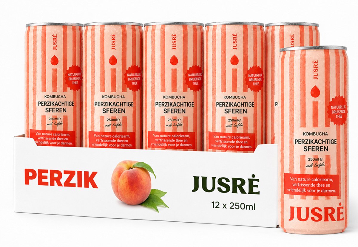 JusRé Kombucha Perzik, Rozenbottel & Hibiscus, Natuurlijk Bruisend, Geen Toegevoegde Suikers (12 x 25cl)