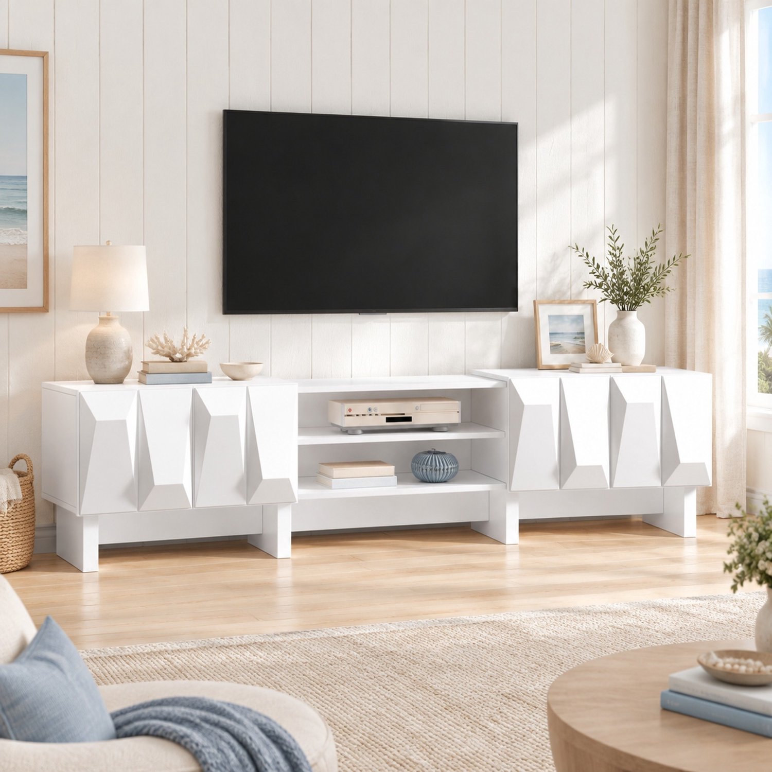 DESMIU TV Meubel - Modern TV Lowboard Met Open Vakken En Kabeldoorvoer - Woonkamer - Spaanplaat - 180x34x44,5 Cm - Wit