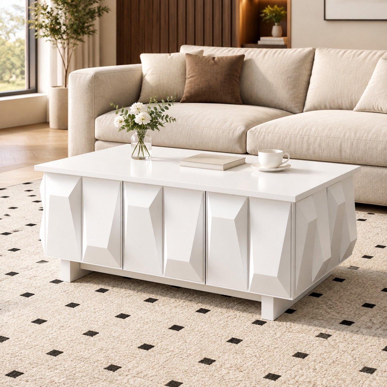 DESMIU Salontafel - Moderne Opbergruimte Met 3 Deuren - Ruime Tafel Voor De Woonkamer - Spaanplaat - 95x67x39,5 Cm - Wit