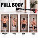 Vier afbeeldingen van een man die de optrekstang gebruikt voor pull-ups, core, dips en legs. "FULL BODY" staat bovenaan.