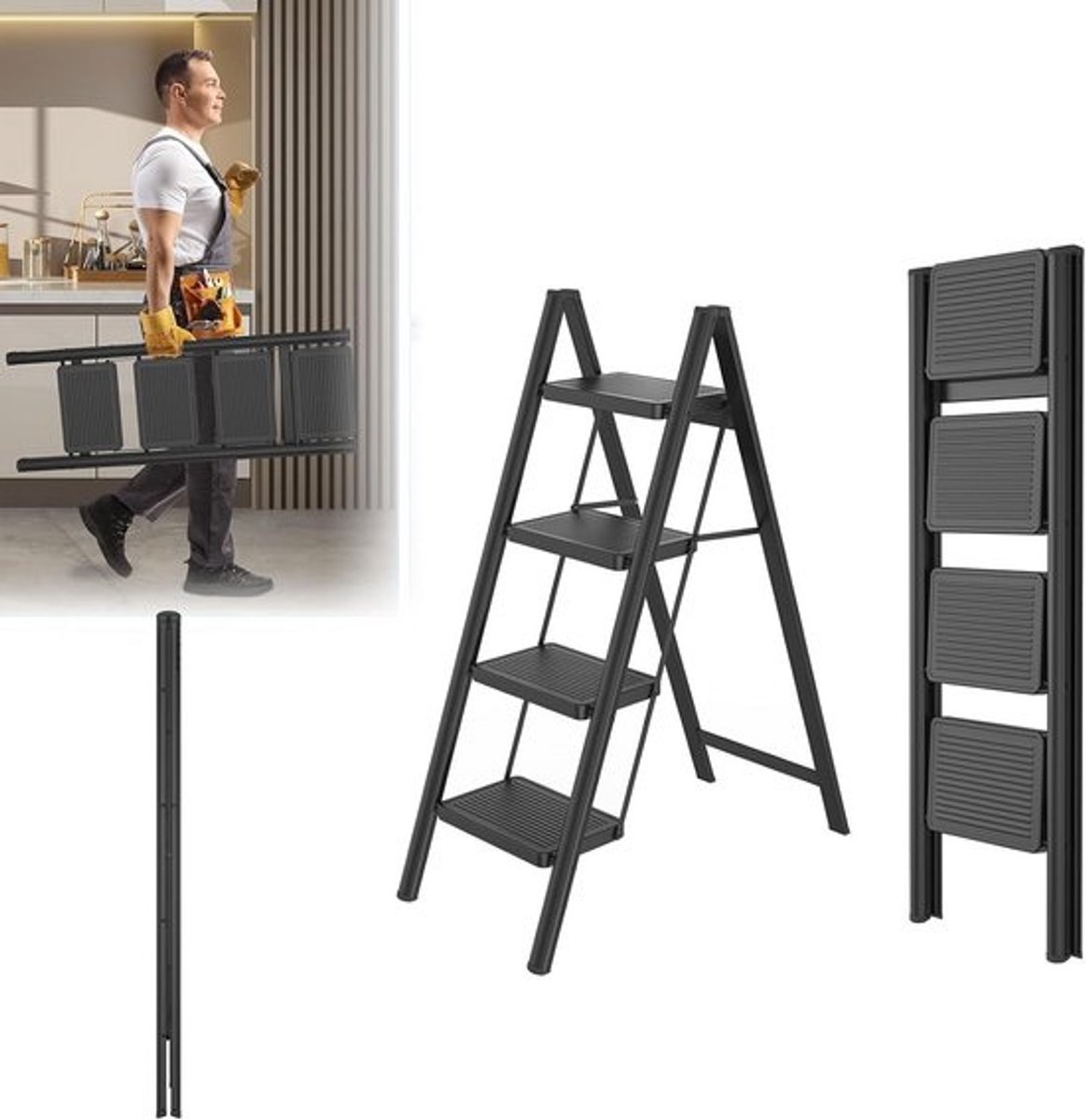 Inklapbaar opstapje - Vouwladder met leuning - Veilig klussen thuis - Extra brede treden - 4 treden - Zwart