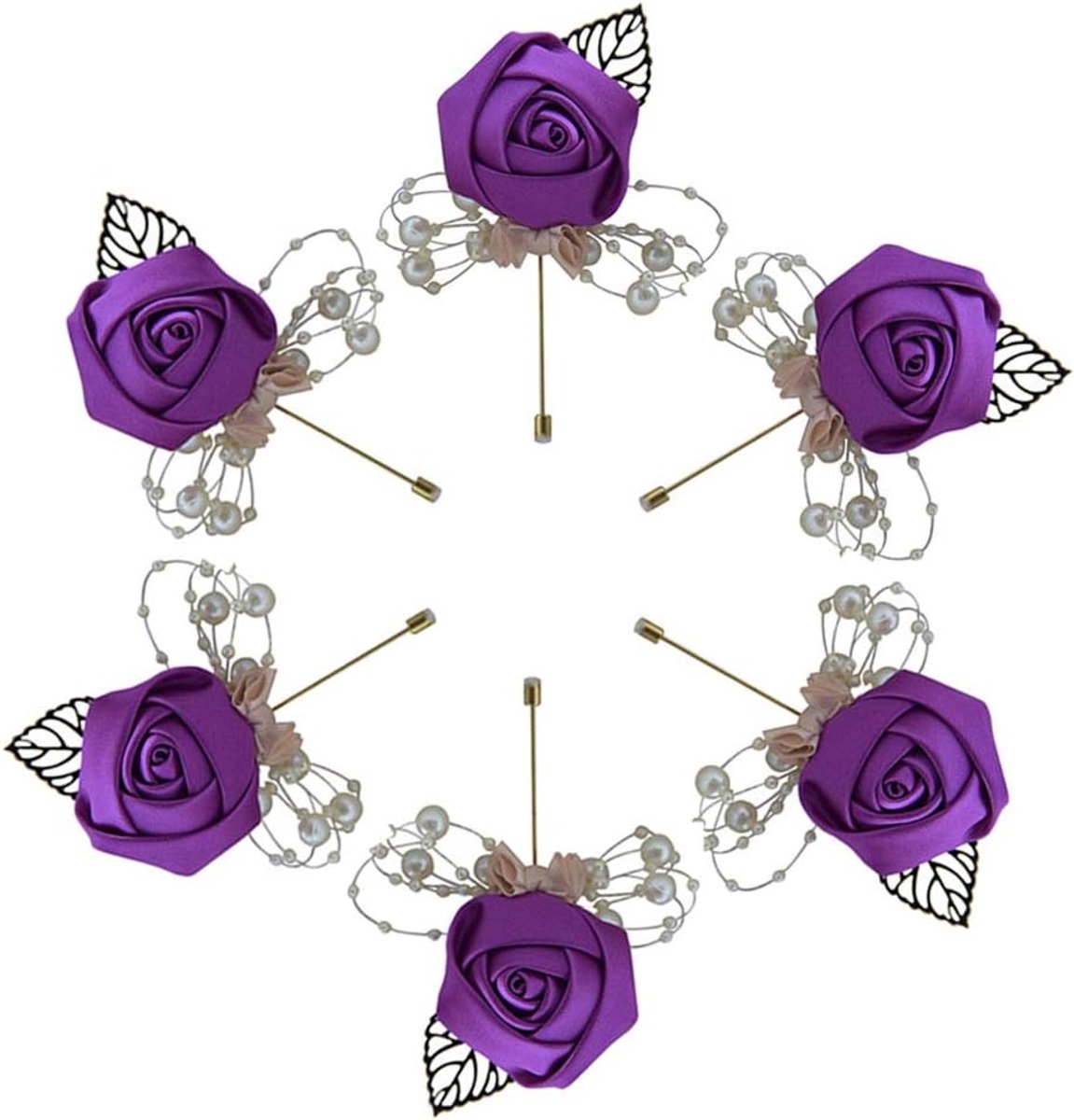 6 stks Bruiloft Boutonniere Handgemaakte Rose Boutonniere Corsage met Pin, Reversspeld Rose Bruiloft Boutonniere voor Bruiloft Prom Party Decor (Paars), 9,9*4,8 cm, Zijde, 3.9*1.9inch, Zijde