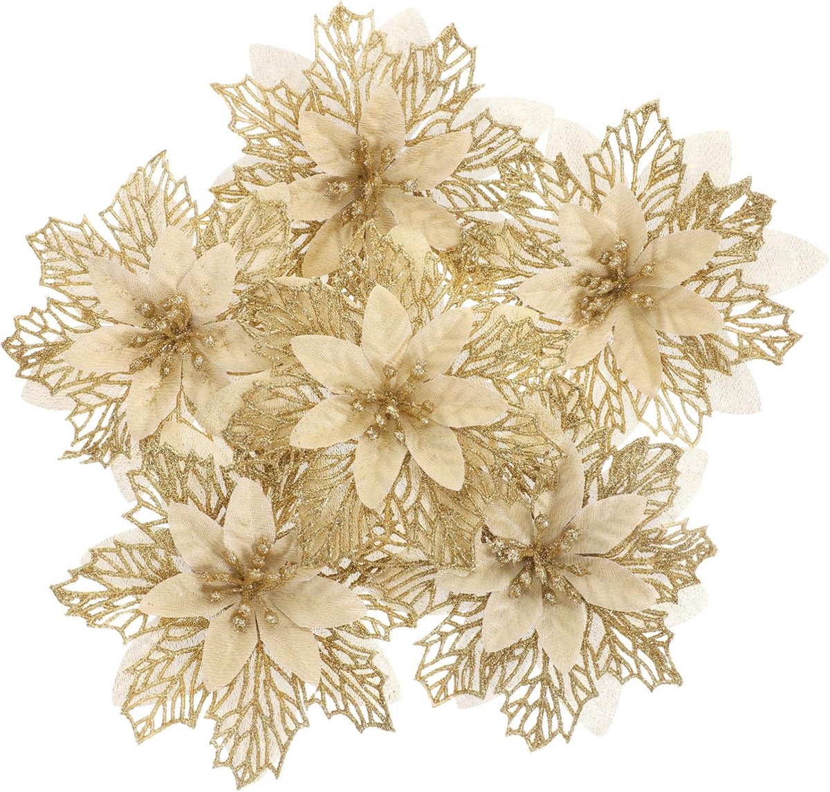 6 Stuks Delige Kunstmatige Kerstbloemen Goud Lichtgewicht Plastic Decoratie voor Kerstboom Kransen Feestelijke Diy-versiering Geschikt voor Kerst Bruiloft Verjaardag
