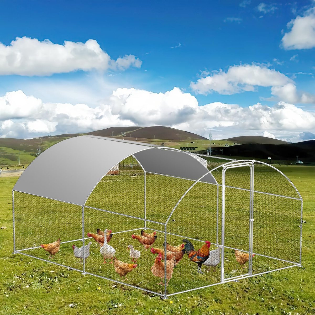 Buitenverblijf, konijnen, verzinkt staal, outdoor kippenhok met slot en waterdicht PE-weefsel, voor kippen, kleine dieren en planten (3 x 4 x 2 m)