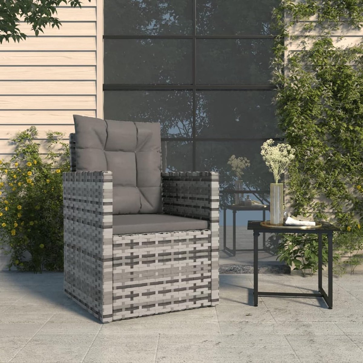 Tuinstoel met kussen, stoel, tuinstoel, tuinstoel, tuinmeubelen, balkonstoel, eetstoel, houten stoel, terrasstoel, grijs polyrotan