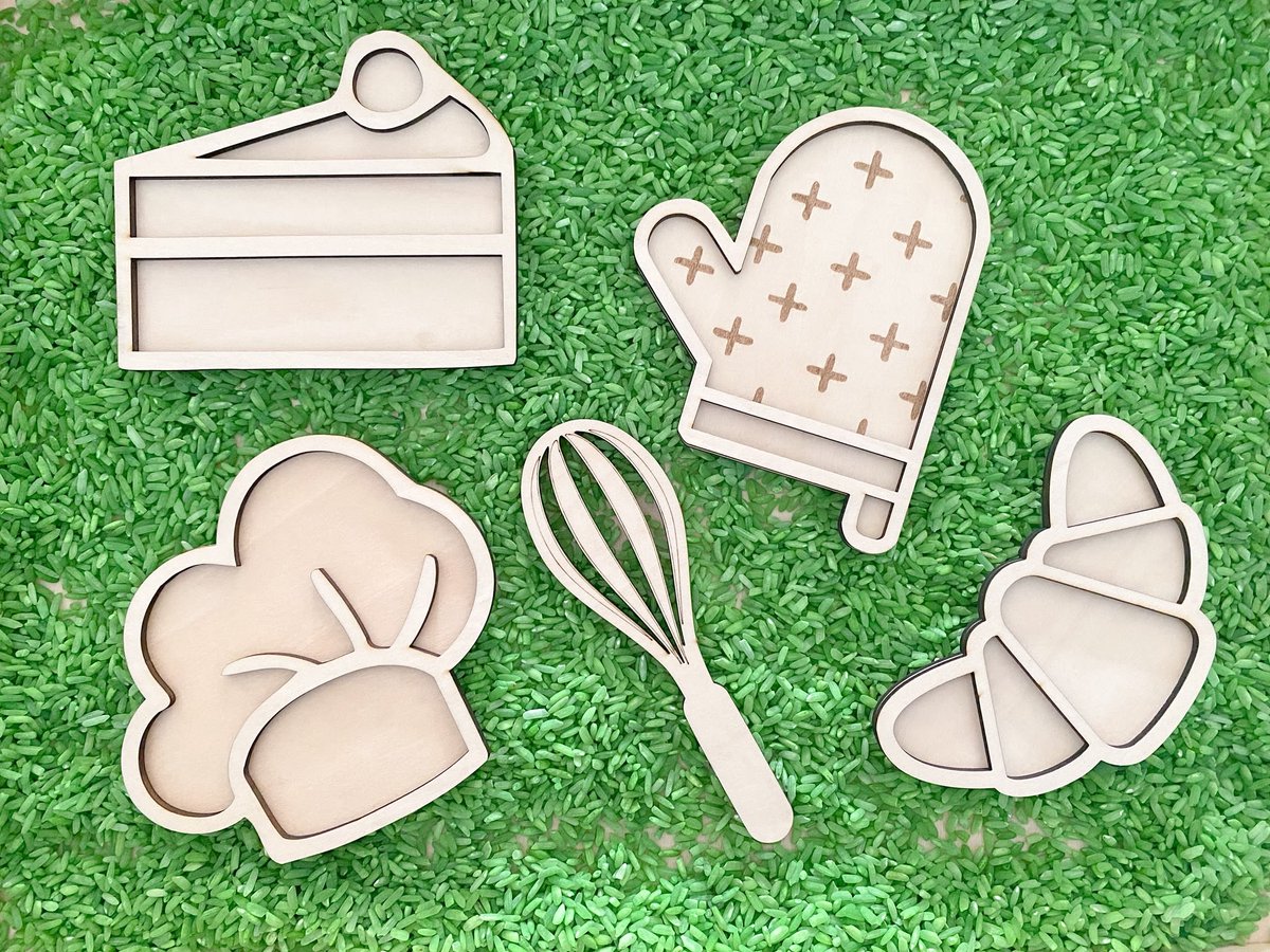 Villa Hip bakker set - 5 Stuks - Hout - Sensorisch speelgoed l Open einde l Speeltray - Eten, bakken - Croissant, koksmuts, taart