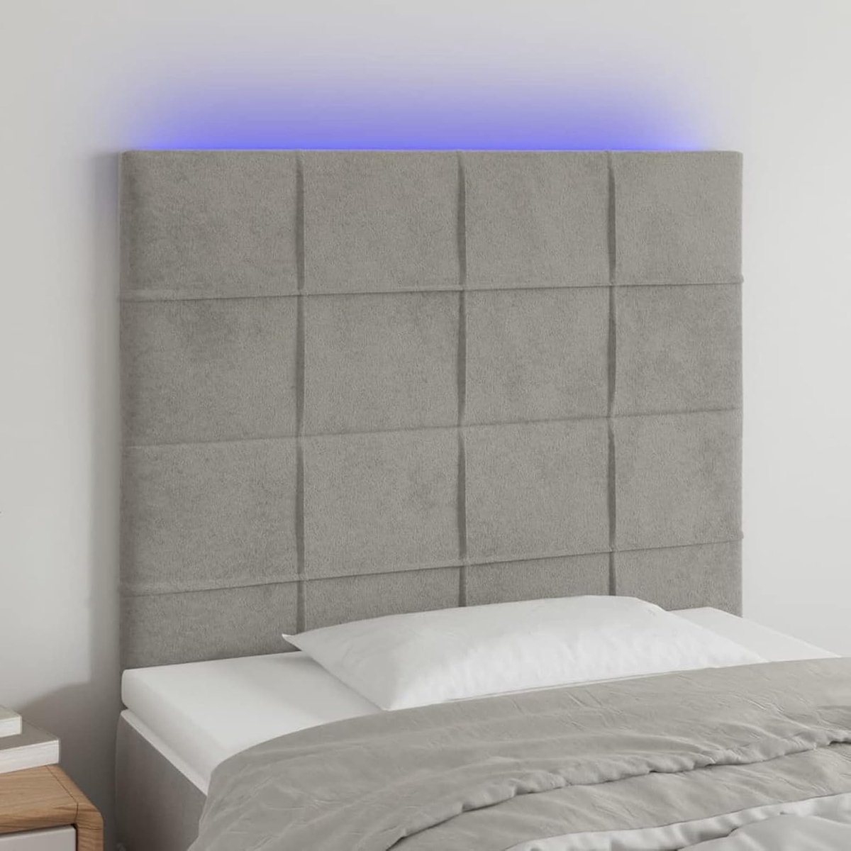 Hoofdeinde met led, donkergrijs, 144 x 5 x 78/98 cm, van fluweel, hoofdeinde van fluweel, blokdesign met vierkanten