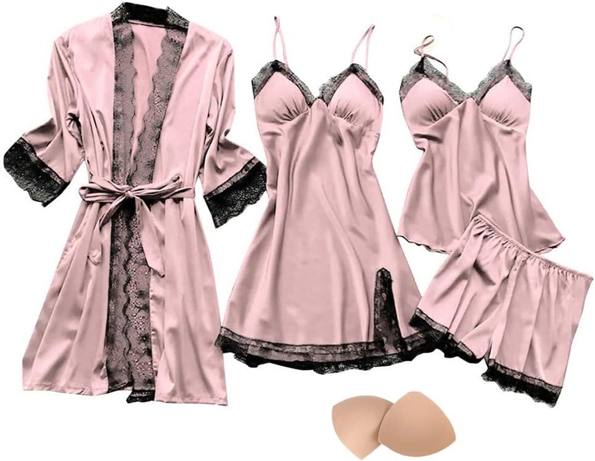 4-delige satijnen pyjama set kant kimono badjas pyjama set sexy negligé en shorts nachthemd 4-delige set, met borstkussen