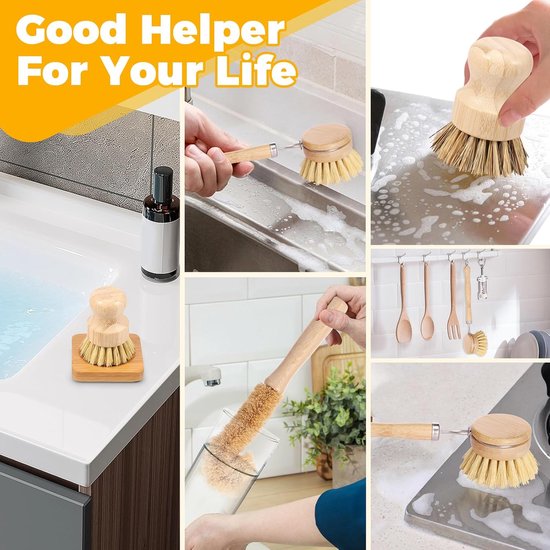 10-delige afwasborstel van bamboe, sisalvezel, afwasborstelset, hout met afwasborstel, bekerborstel, houder, afwasborstel, houten handvat voor schone keuken, badkamer, tafel, muur, vloer, raam — afbeelding 5