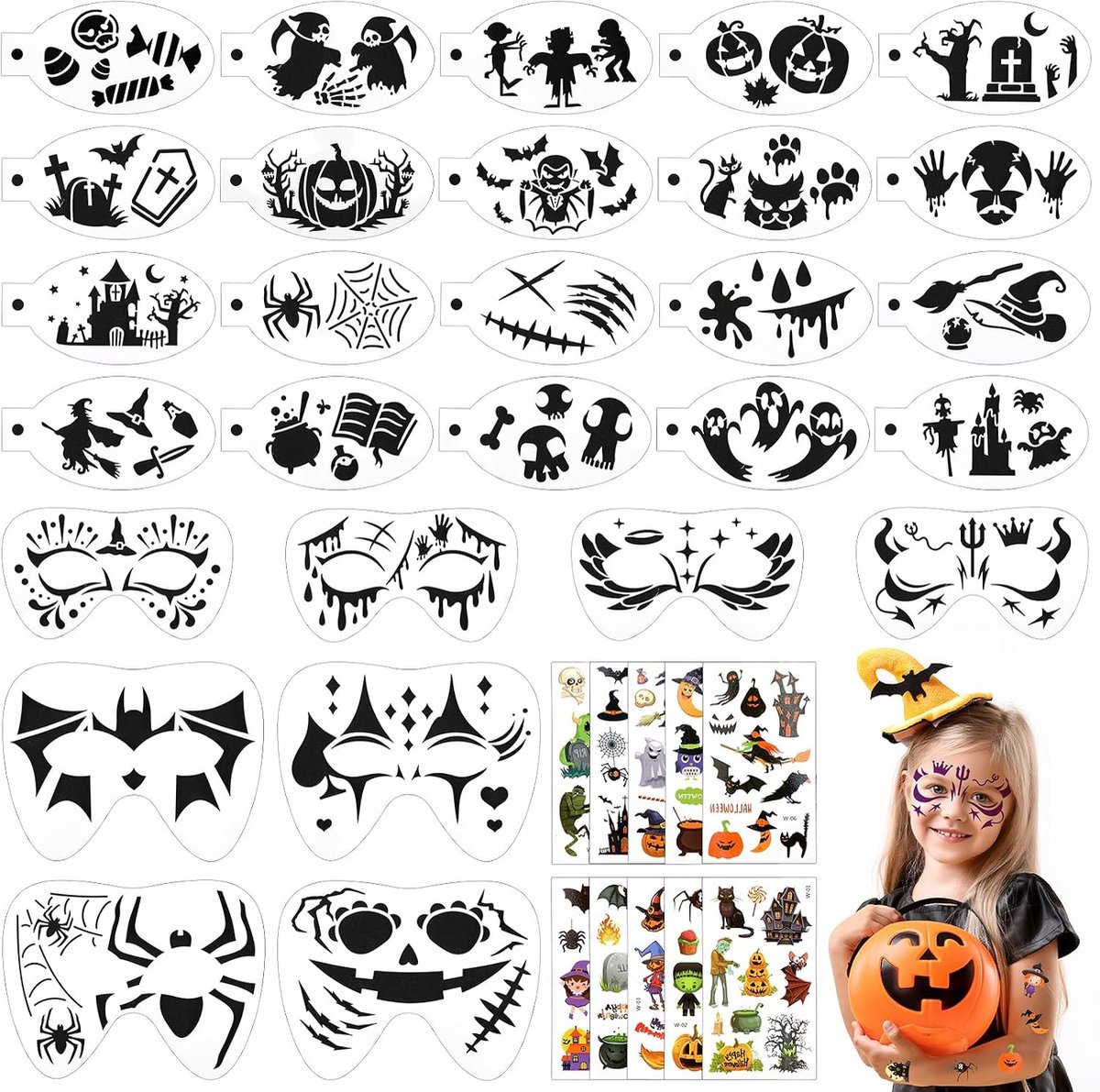 28 Pezzi Stencil Facciale Truccabimbi, Halloween Tatuaggi Temporanei Bambini, Stencil Tattoo voor Truccabimbi Stencil, Stencil Tatuaggi Temporanei voor Halloween, Festival, Mascherata