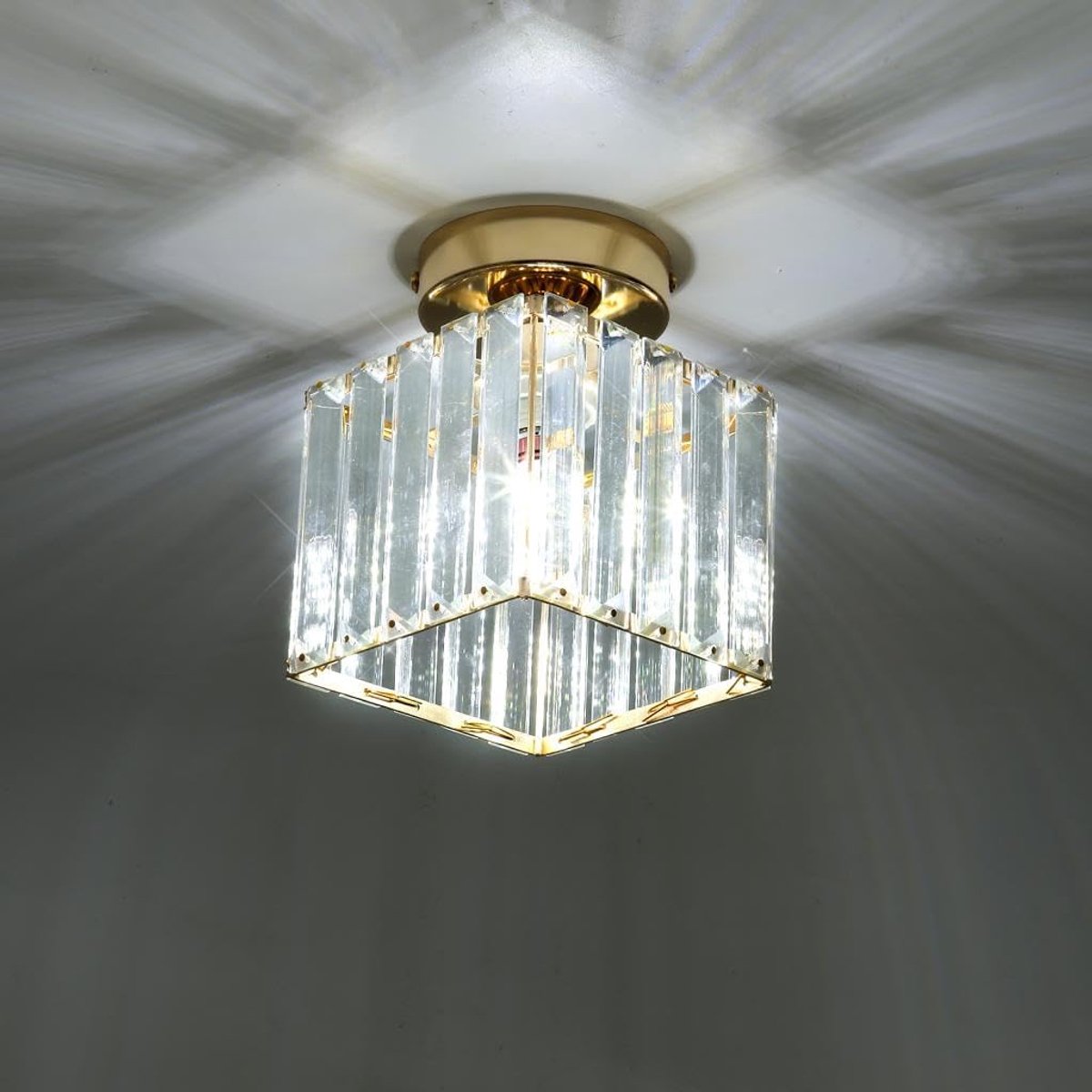 Kristallen gouden plafondlamp, E27 semi-inbouwkroonluchter, industriële ophanging, vierkante kristallen plafondlamp voor woonkamer, entree, hal, keuken