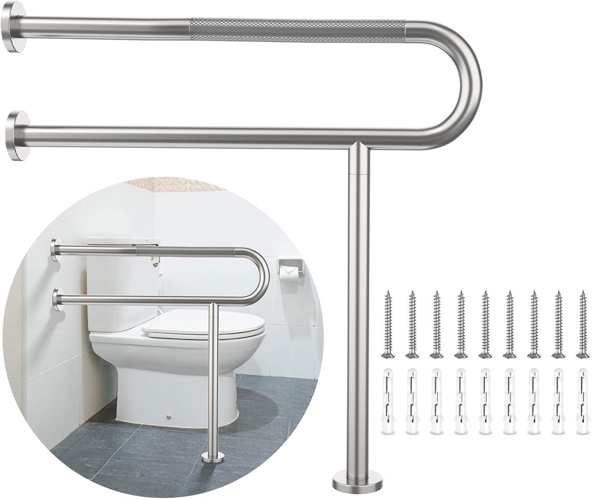 72 cm, Munzong Anti-Slip Satijn Geborsteld Nikkel Handicap Grab Bar voor Badkamer, Roestvrij Staal Gekartelde Veiligheidsleuningen met Been voor Ouderen Gehandicapten Zwanger - 1,25