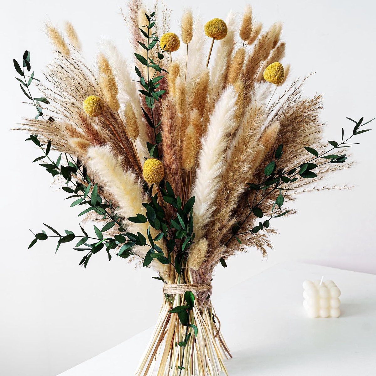 Boeket met Boho-droogbloemen - olijfgroen wanddecor, pampasgrasboeket, rustiek bloemstuk, sfeervol kantoor- en slaapkamerdecor, doe-het-zelf vaasvuller, boerderij bloemen, boho bruidsboeket