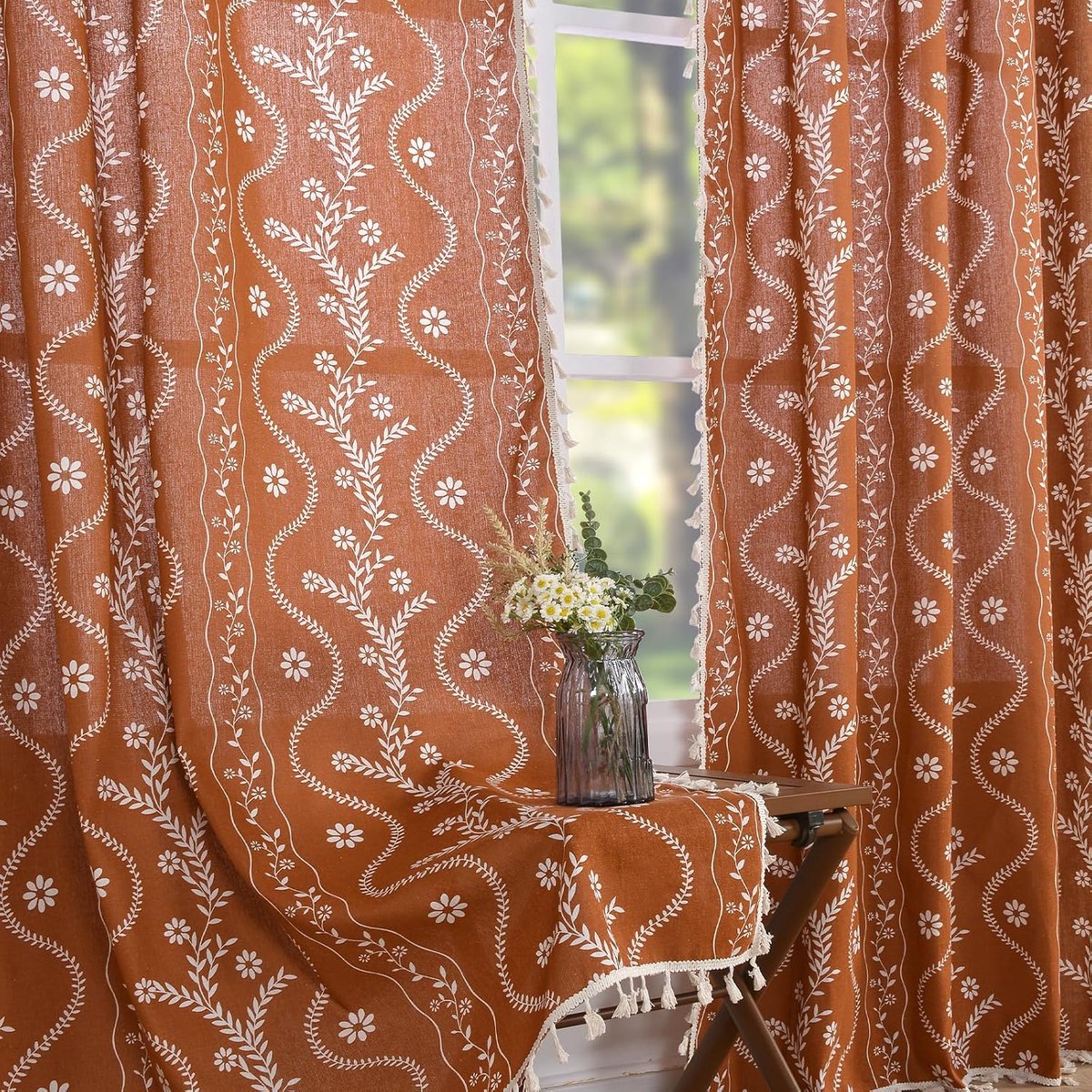 Terracotta gordijnen 213 cm lengte boho boerderij gordijnen voor woonkamer 2 panelen, linnen semi-pure vintage boerderij bedrukte bloemen verbrand oranje rustieke gordijngordijnen