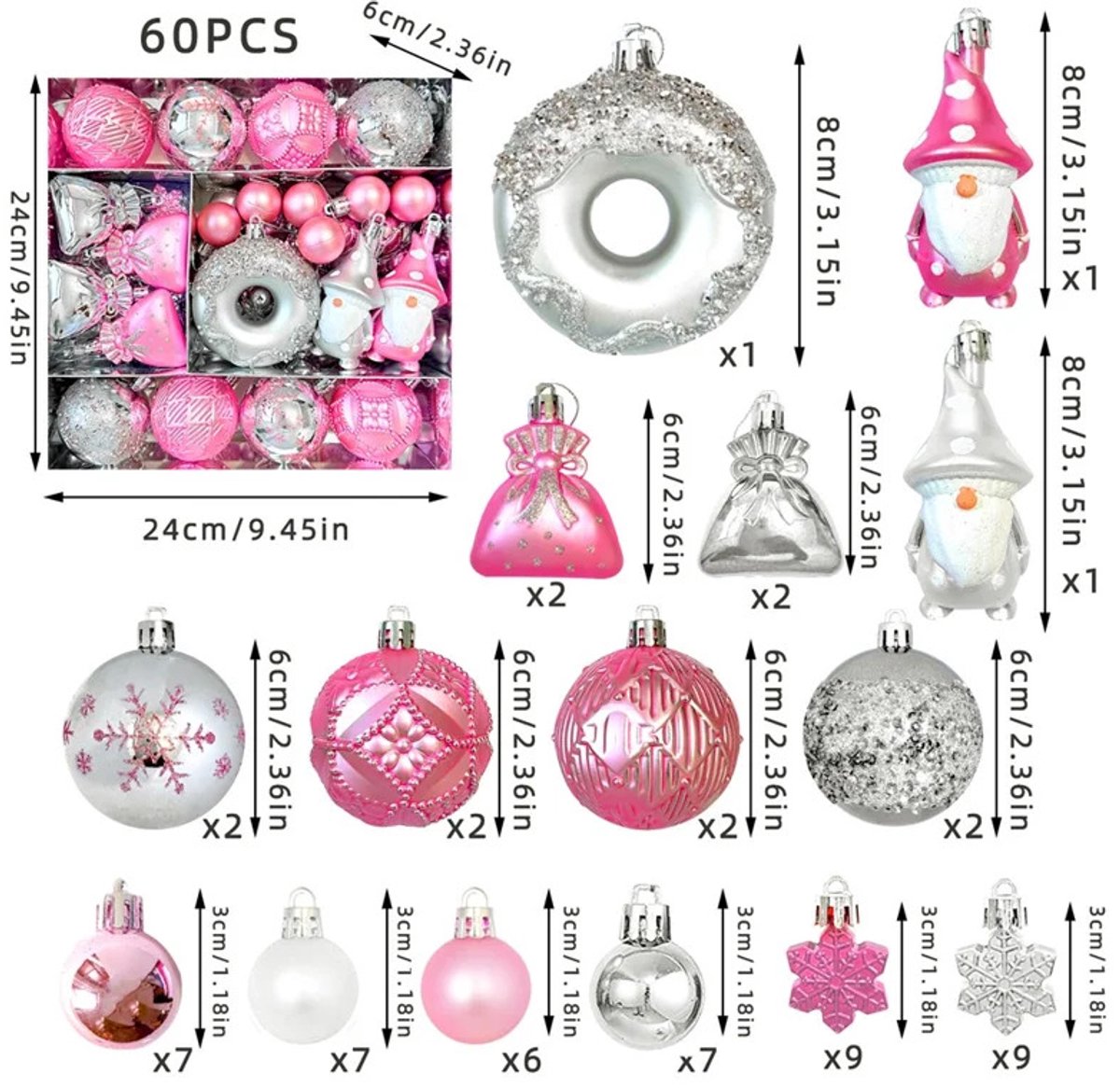 60-delige set kerstboomversiering met diverse vormen kerstballen- levendige roze en zilveren kleuren- geleverd in geschenkdoos- ideaal voor de feestdagen
