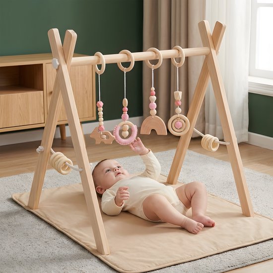Houten babygym - Grenenhouten speelboog - 4 hangspeeltjes met roze details - 8 houten zijringen - Inklapbaar frame - 58 cm breed - 60 cm hoog - Naturel - Stevige & Veilige Constructie van Hou-Stimuleert motorische vaardigheden-voor Baby van 6 maanden — afbeelding 2