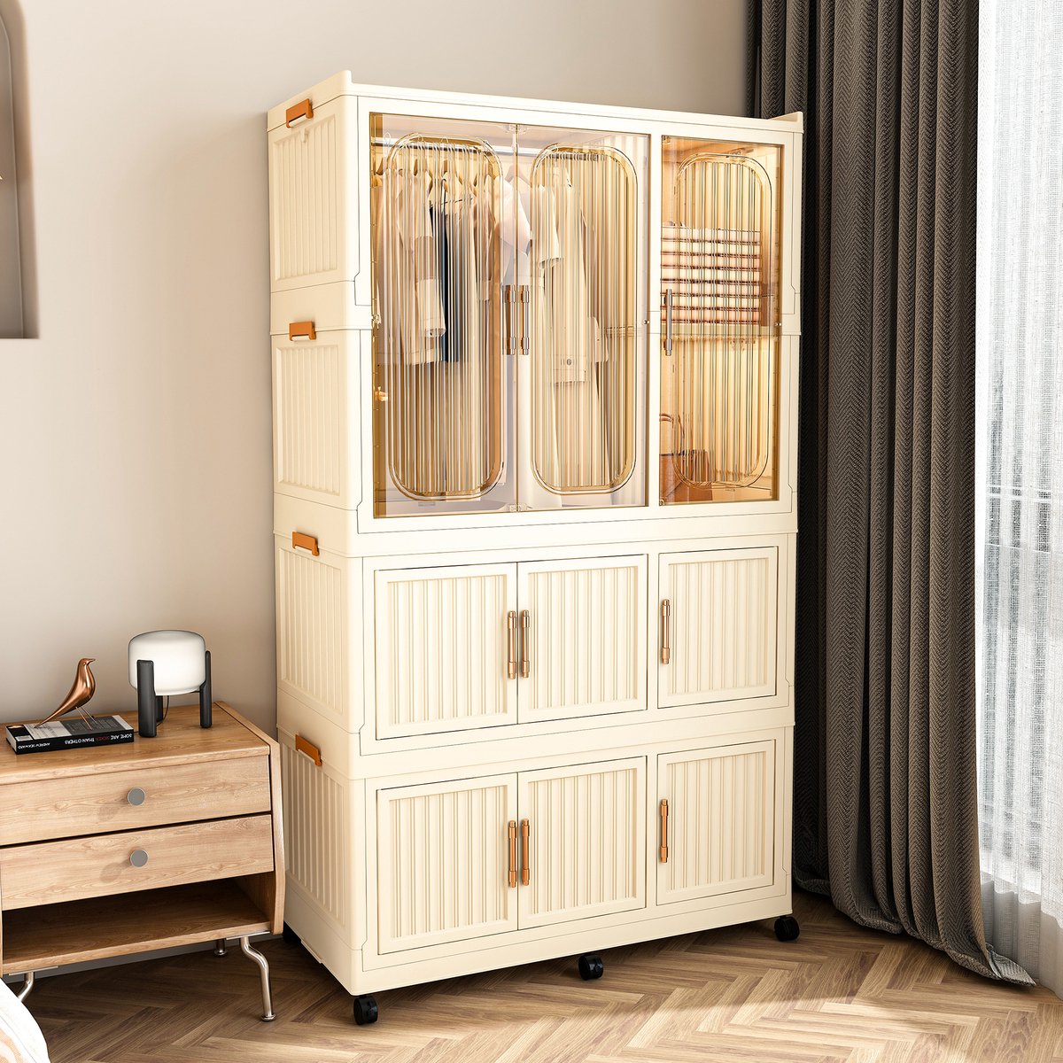 Clruro Modulaire Kledingkast - 9 Magnetische Deuren - 1 Hangroede - PP-Kunststof - Beige Roomwit