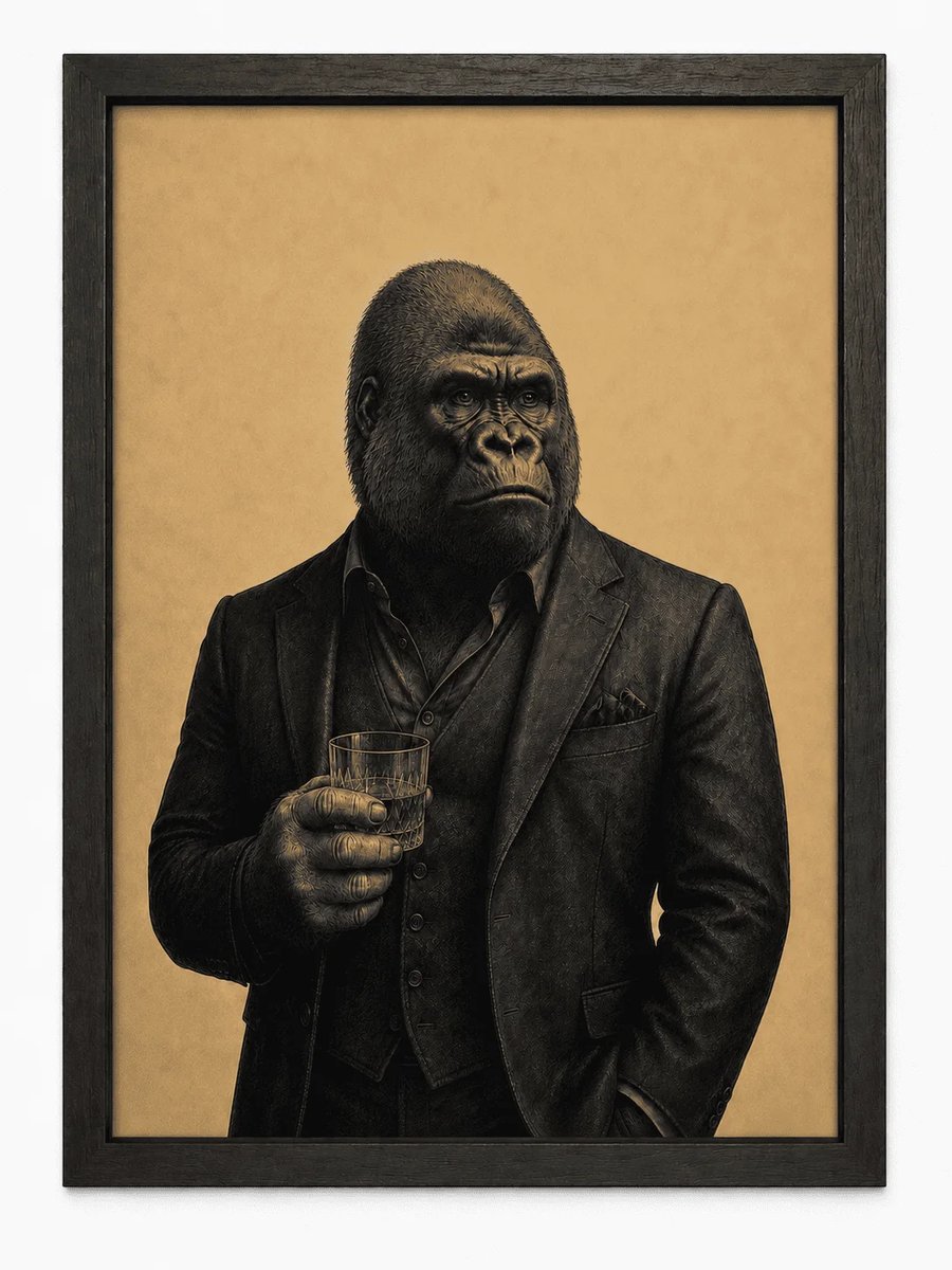 Gorilla Poster | Vintage Gorilla in Pak | Inclusief Zwarte A4 Lijst