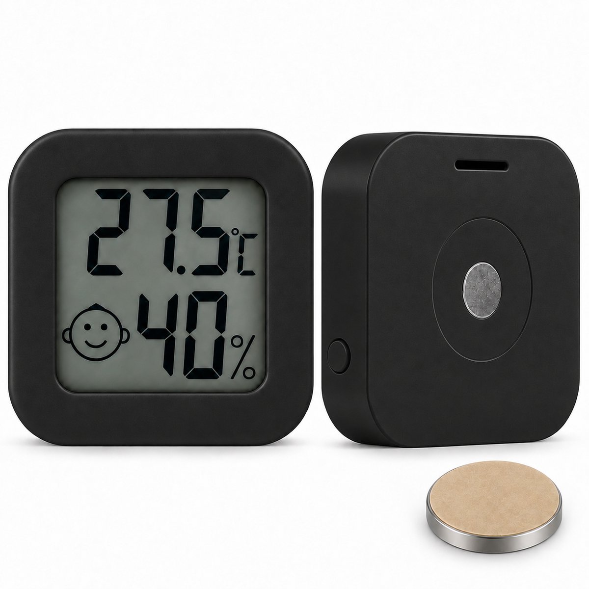 Mini Hygrometer - Thermometer Binnen - Temperatuur & Luchtvochtigheid - Comfortindicator - Magnetisch - Zwart