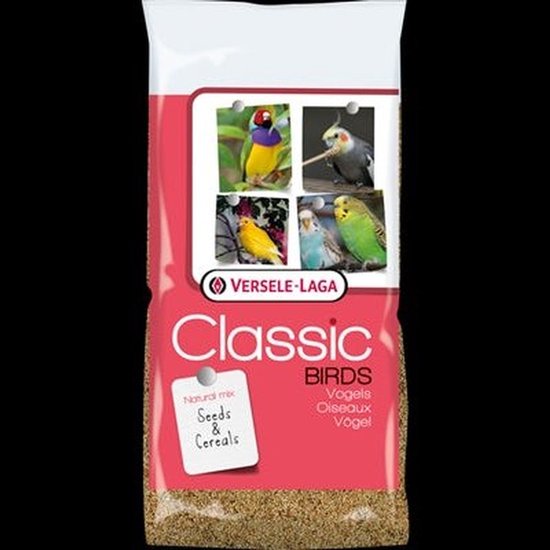 Versele-Laga Classic Vogelvoer verpakking met afbeeldingen van tropische vogels en tekst "Seeds & Cereals"