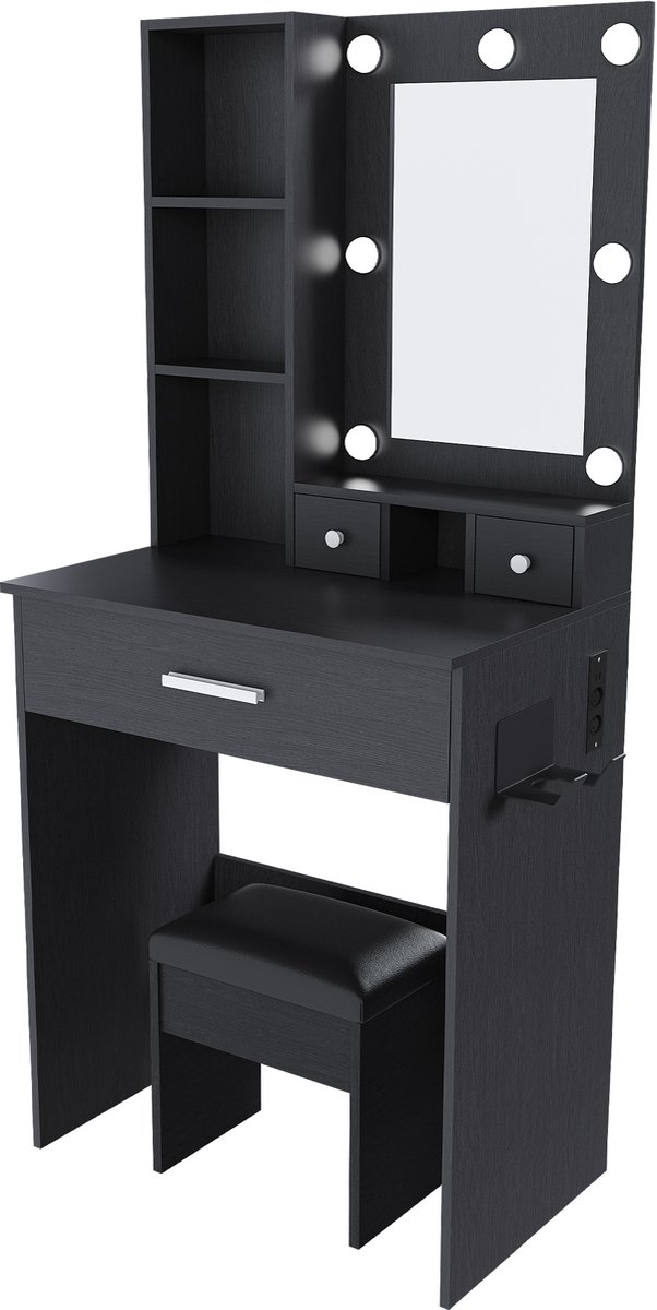 Kaptafel Met Spiegel En Ledverlichting - Make-uptafel Met Laden En Open Plank - Voor Slaapkamer Of Dressing - Zwarte MDF Kaptafel Met Kruk
