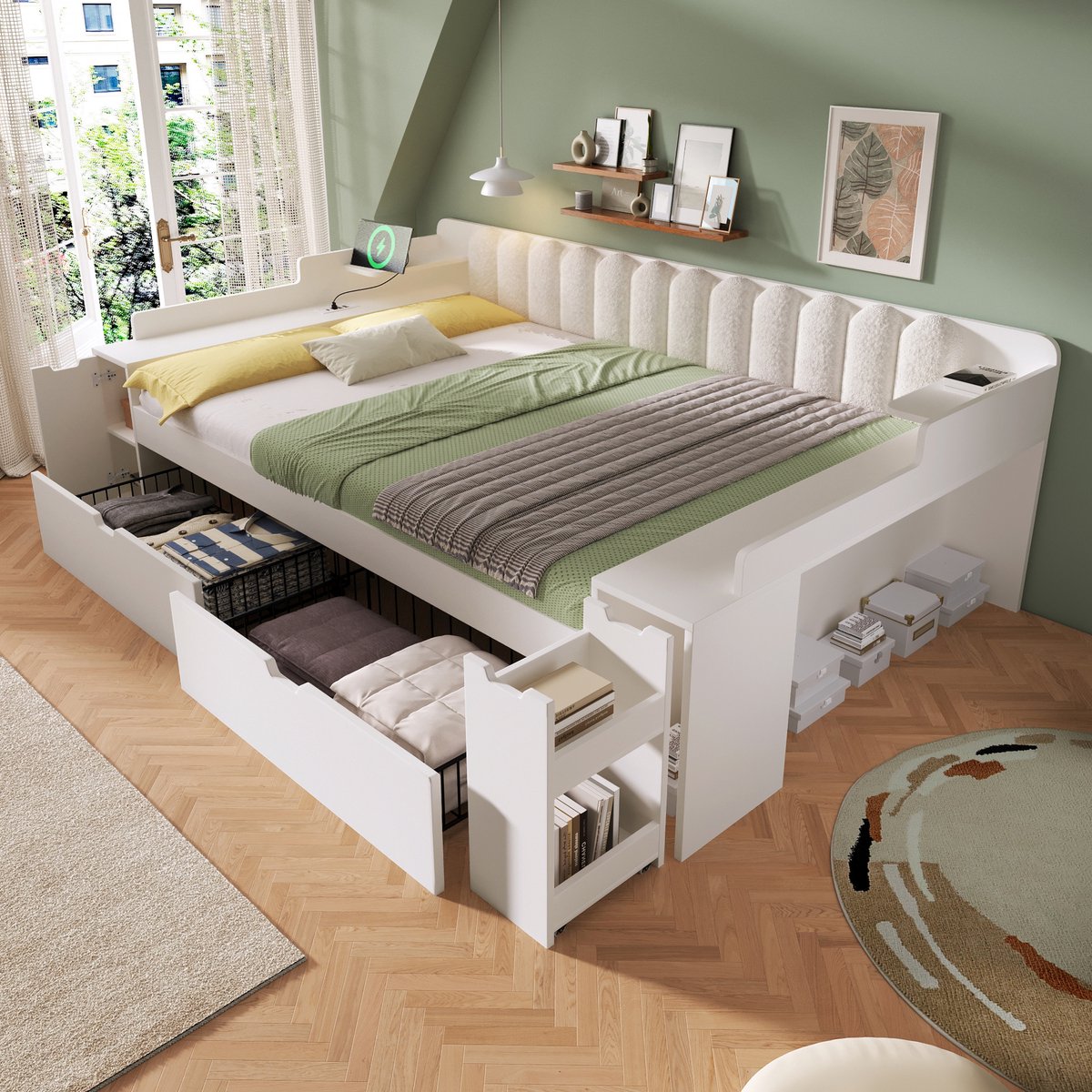 Wishdor Bedbank 140x200 cm - Metalen lattenbodem - Oplaadstation met USB en USB-C - Twee laden en opbergvakken - Sherpa rugleuning - Wit MDF en metaal