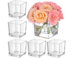 KEYWING 6 stuks vierkante glazen vaas 12,7 x 12,7 cm x 12,7 cm, heldere bloemenvazen voor tafelstukken, vierkante - ShopVlot