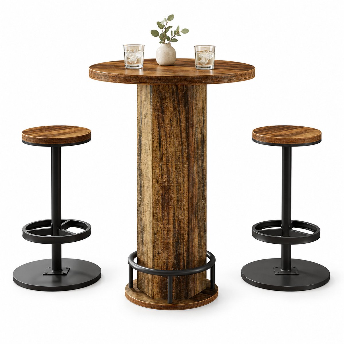 DMG Supply Bartafelset met 2 Barkrukken - Tafel Ø 60 x 96 cm - Krukken Ø 29 x 65 cm - Bruin en Zwart