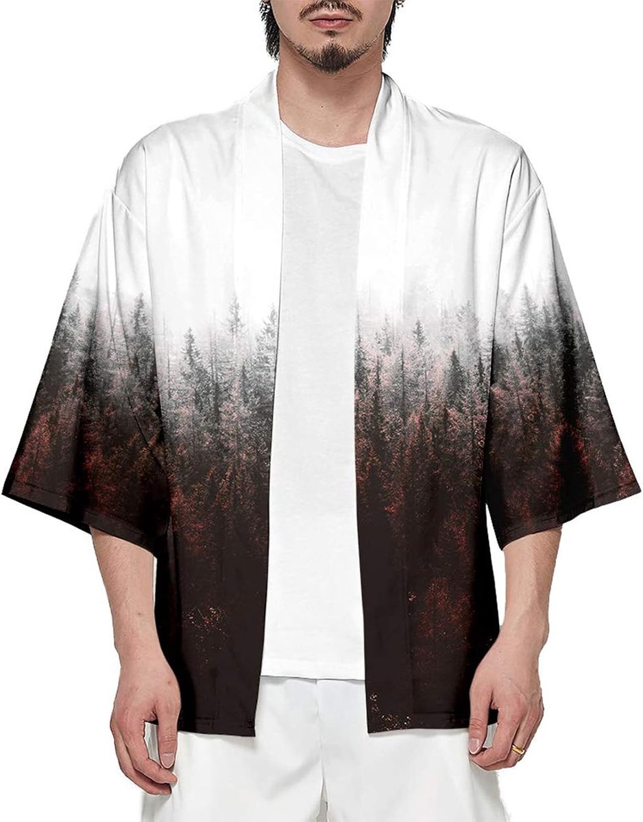 Kimono-jas voor heren, Japanse 3/4-mouwen, open stijl, cardigan, print met kraanvogelmotief
