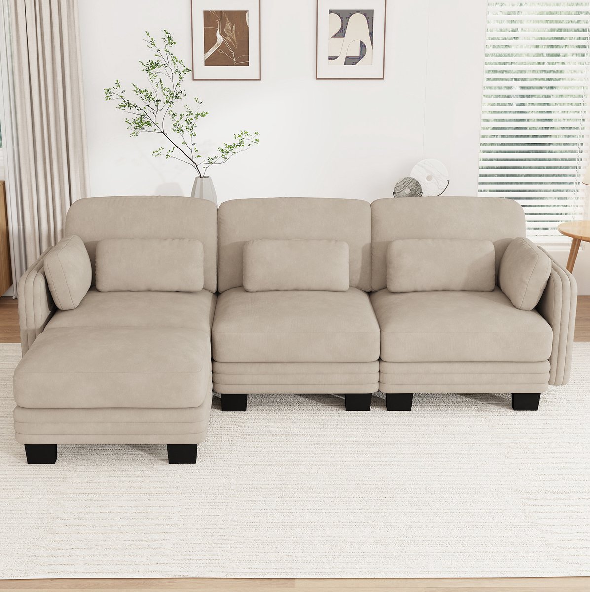 REDOM Hoekbank - 3-zits modulair ontwerp - Ottomane en verplaatsbare lenden- en armkussens - Chenille - Lichtbruin - 253 x 143 x 88 cm Licht koffiebruin