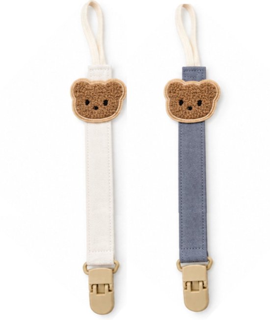 Crème en blauw speenkoord met teddybeerapplicatie, beige clips en lussen.