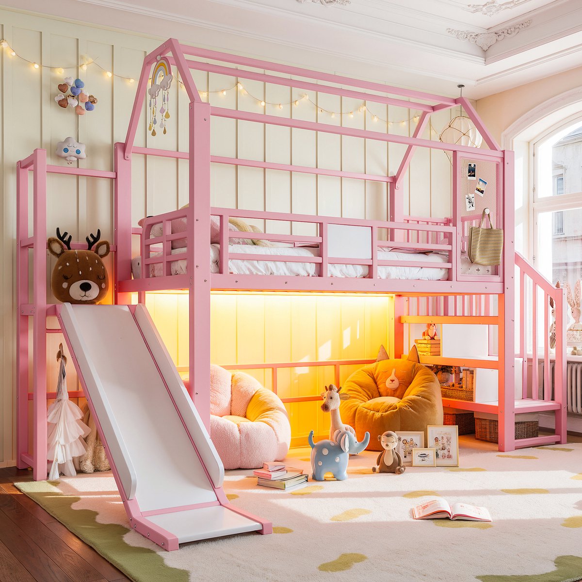 Clruro Hoogslaper - 90 x 200 cm - Huisdesign met Glijbaan - Bluetooth LED - Metaal - Roze
