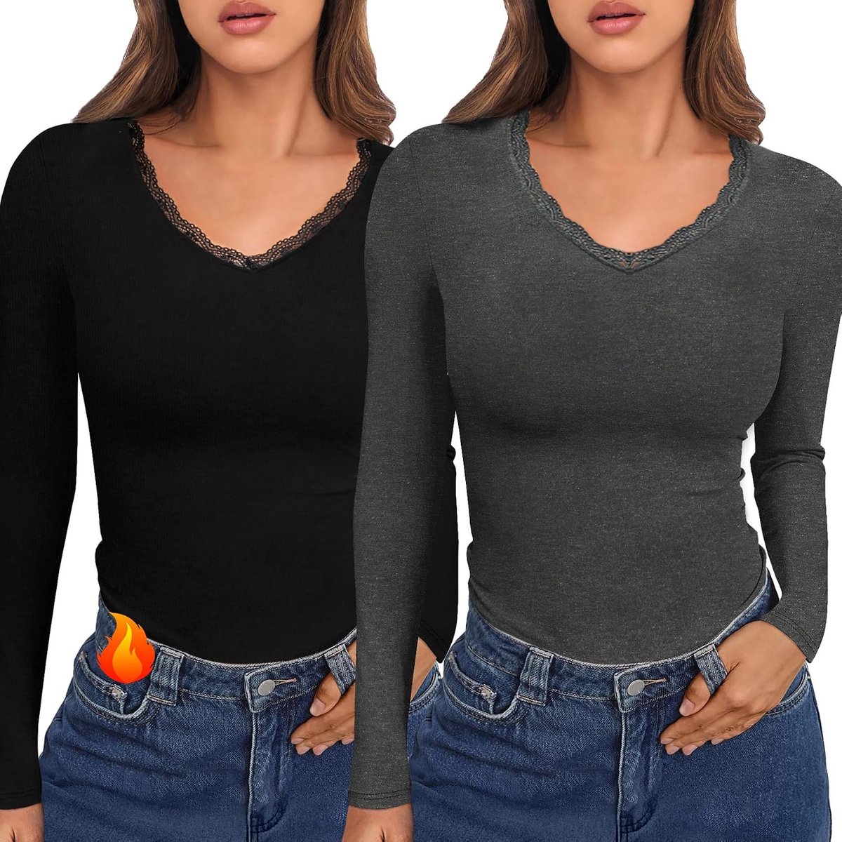 Thermische tops voor dames, lange mouwen, kant, V-hals, basislaag