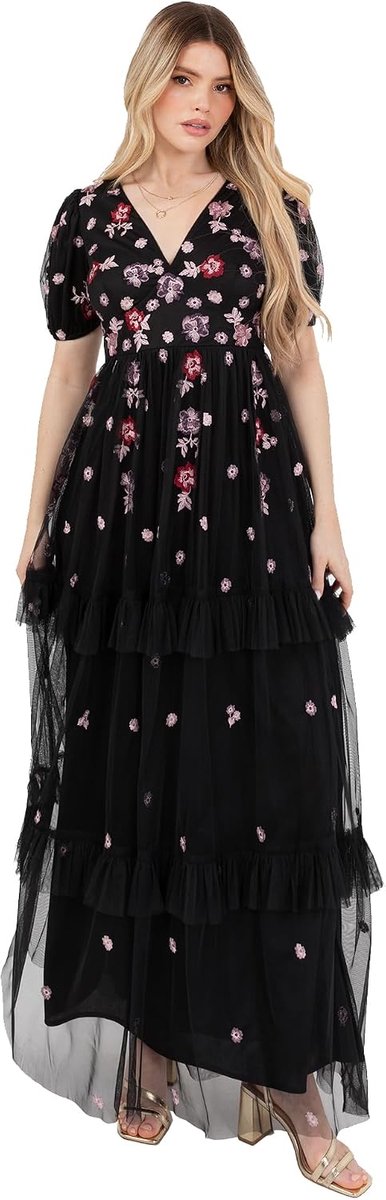 Deluxe Maxi-jurk voor dames, V-hals, korte pofmouwen, bloemenpatroon, geborduurd, met ruches, tule, A-lijn, keyhole back evening, dames, Zwart, 38