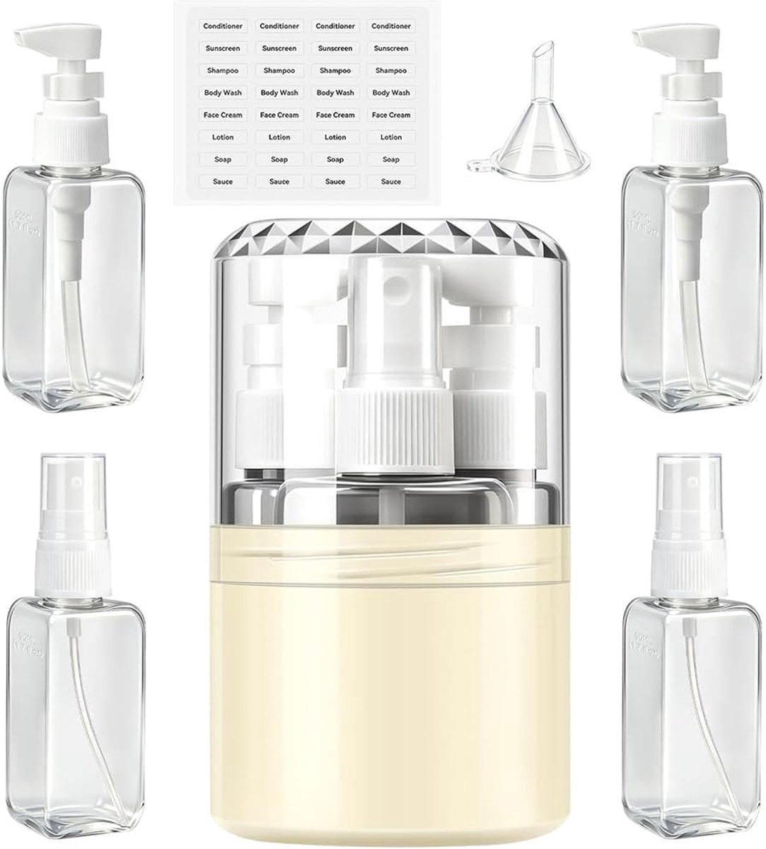 4-in-1 reisflessen om te vullen, set flessen voor shampoo, reisgadgets, vliegtuig, 50 ml, pompdispenser, klein, met labelstickers, Travel Essentials reisset, 4-in-1