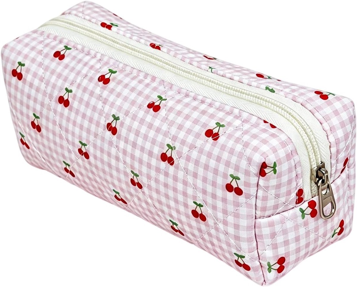 Esthetisch, kersen, geruit, schattig, voor meisjes, kinderen, kleine opbergtas, schrijfwaren, tas voor school en kantoor