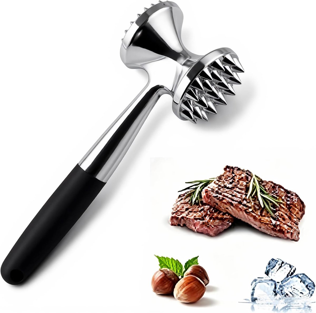 Vleesklopper van aluminium, vleeshamer met siliconen antislip handgreep, gemakkelijk te reinigen, snijhamer gereedschap voor steak, kip, varken, ribben (zwart-1)