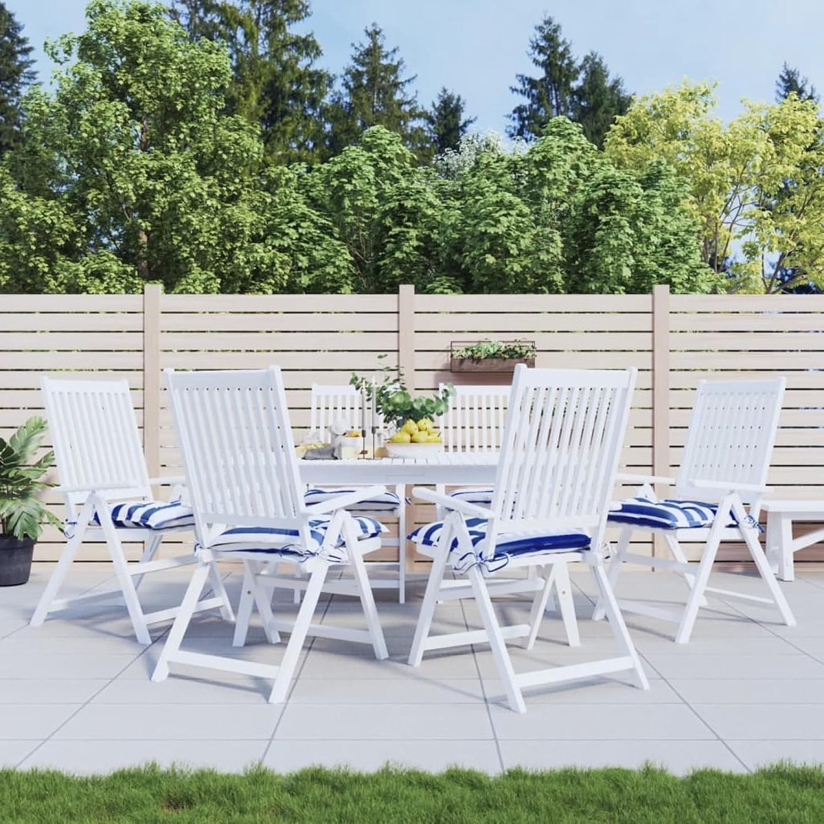 Stoelkussens, 6 stuks, wit en blauw, 50 x 50 x 7 cm, Oxford-stof, tuinstoelkussen, kussen voor tuinstoelen, gevoerd kussen voor stoelen