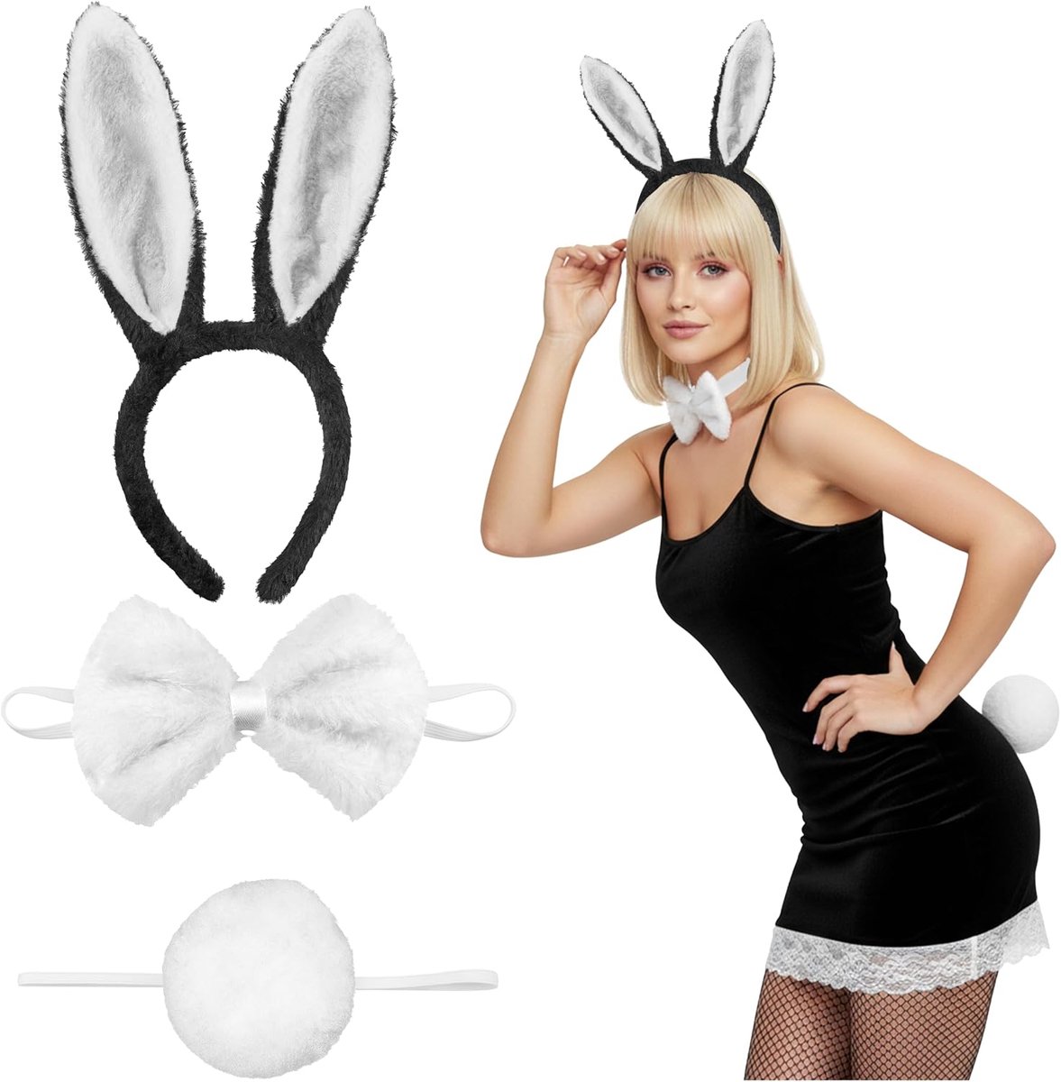 Konijenkostuum voor dames, sexy, hazenkostuum, konijnenoren, hazenstaart, vlinderdas, Halloween, carnaval